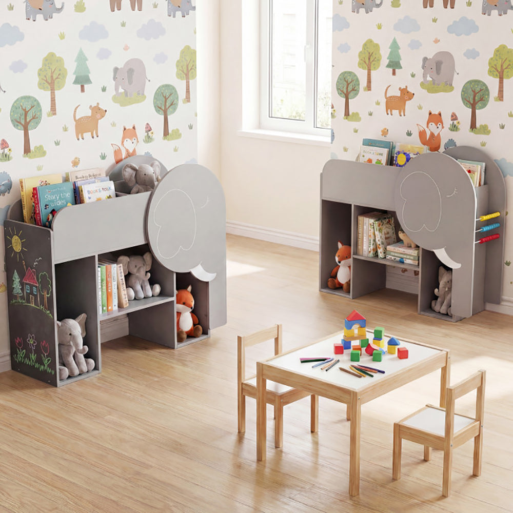 Montessori Bookshelf With Elephant Shape 3-Tier Toddler Toy Storage Organizer  With 3-row Abacus Toy And Chalkboard
