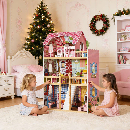 Doll Cottage 3 Story Wooden Dollhouse With 14 Accessories Balcony Stairs For Boys Girls Above 3 Years Old