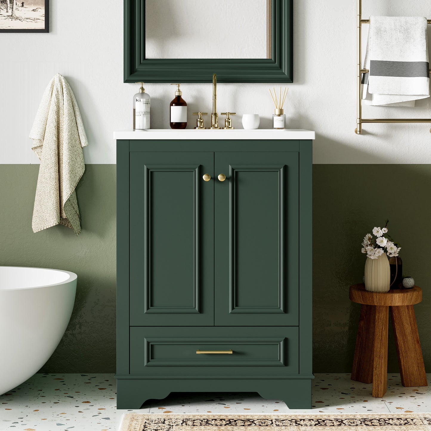24'' Bathroom Vanity With Ceramic Sink Combo, Modern Freestanding Storage Cabinet  With Silver Handles,  Soft Closing Doors