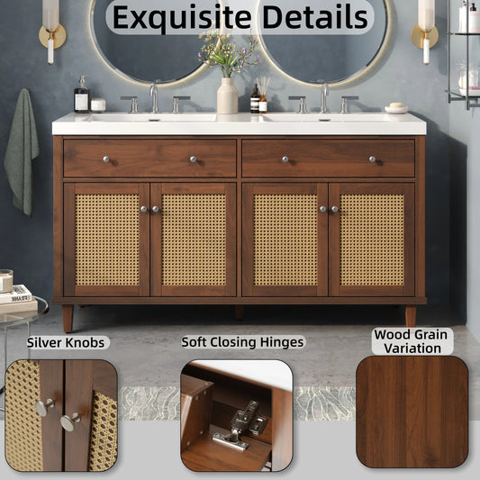 60 Inch Bathroom Vanity With Double Sink   SMC Sink  , Large Storage Space With 2 Tip-Out Trays   Flip-Out Drawers And 4 Soft Closing Doors, Solid Wood Legs And Silver Metal Knobs, Brown