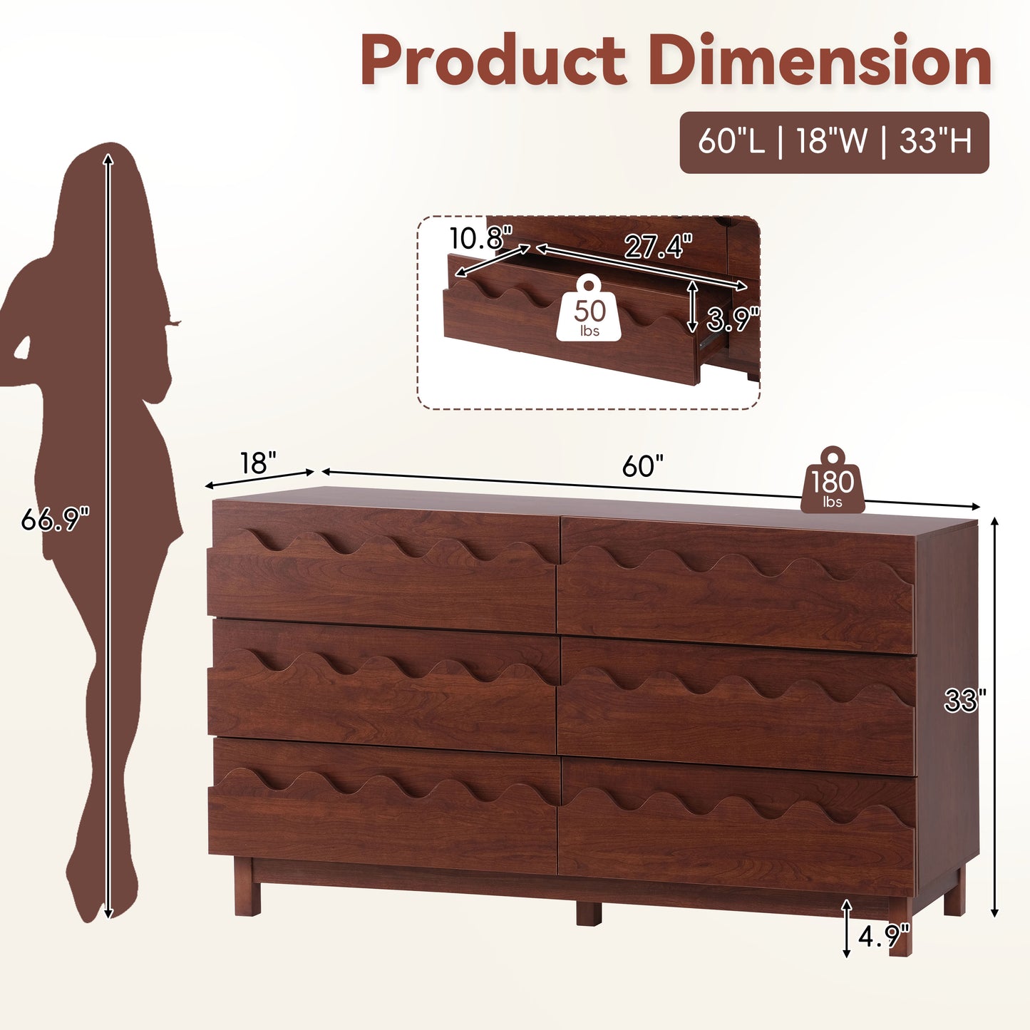 60   Length 6 Drawer Dresser With Wave Front Design, Modern TV Stand & Chest Of Drawers, Anti-Tip Clothes Storage Organizer For Bedroom, Living Room And Nursery, Walnut