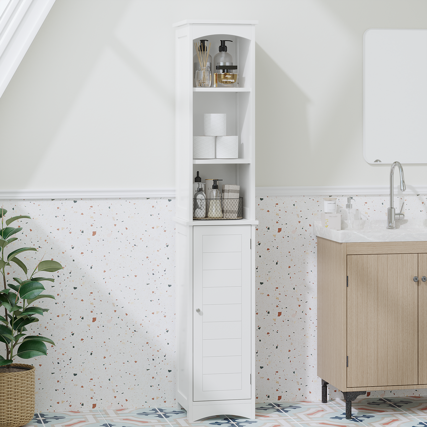 64.17' Tall Bathroom Storage Cabinet With Adjustable Shelves,Slim 1 Doors Freestanding Cabinet With Anti-Tip, Open Compartments, For Home, Small Spaces, Bathroom,Kitchen,