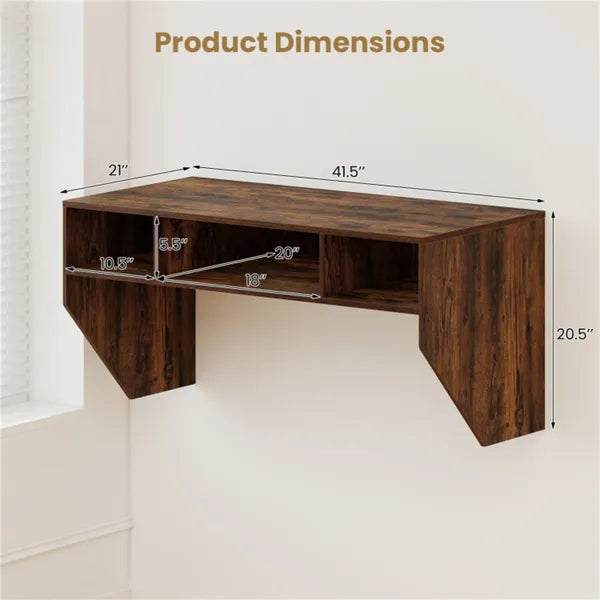 Rustic Brown Wall-Mounted Floating Computer Desk With 3-Cube Storage, Sturdy Wooden Workstation For Home Office