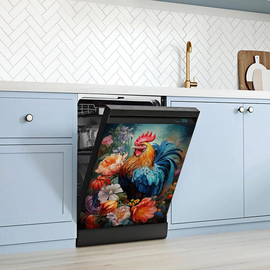 1 Piece 2D Flat Dishwasher Magnet Cover, Rooster And Flowers - Refrigerator Door Sticker, Easy To Clean Appliance Panel Sticker