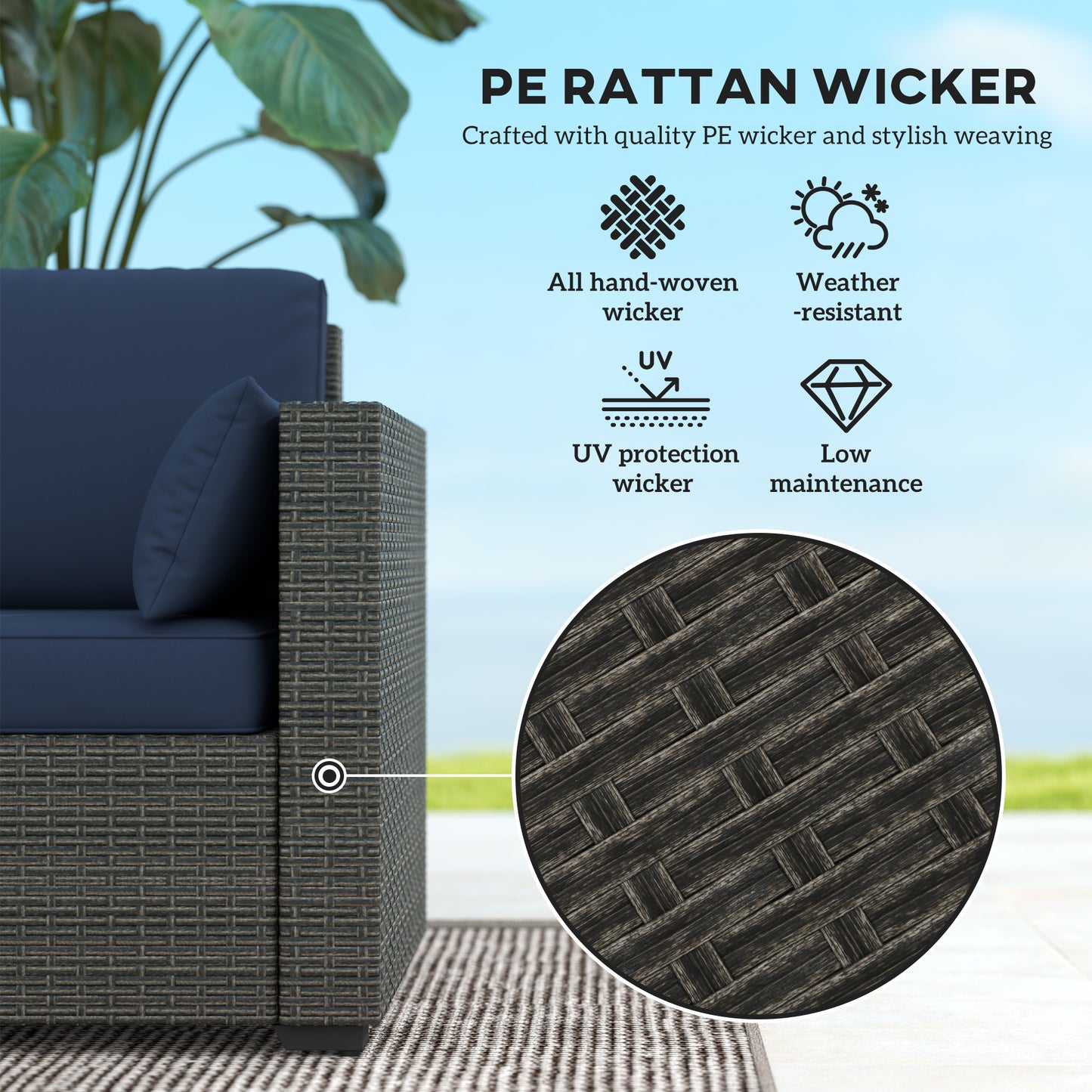 Patio Couch PE Wicker Deep Seating Outdoor Sofa With Removable Cushions, 3 Seater Rattan Sofa, Outdoor Furniture For Balcony, Deck, Garden And Poolside, Navy Blue