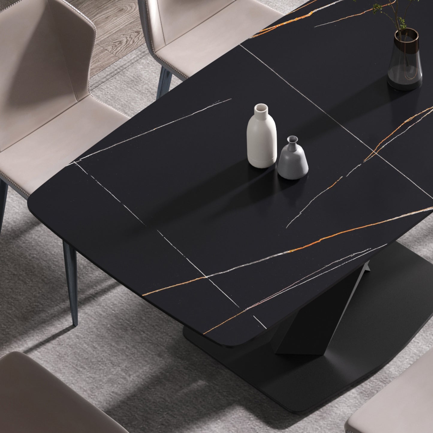 63 Modern Artificial Stone Black Curved Black Metal Leg Dining Table -6 People
