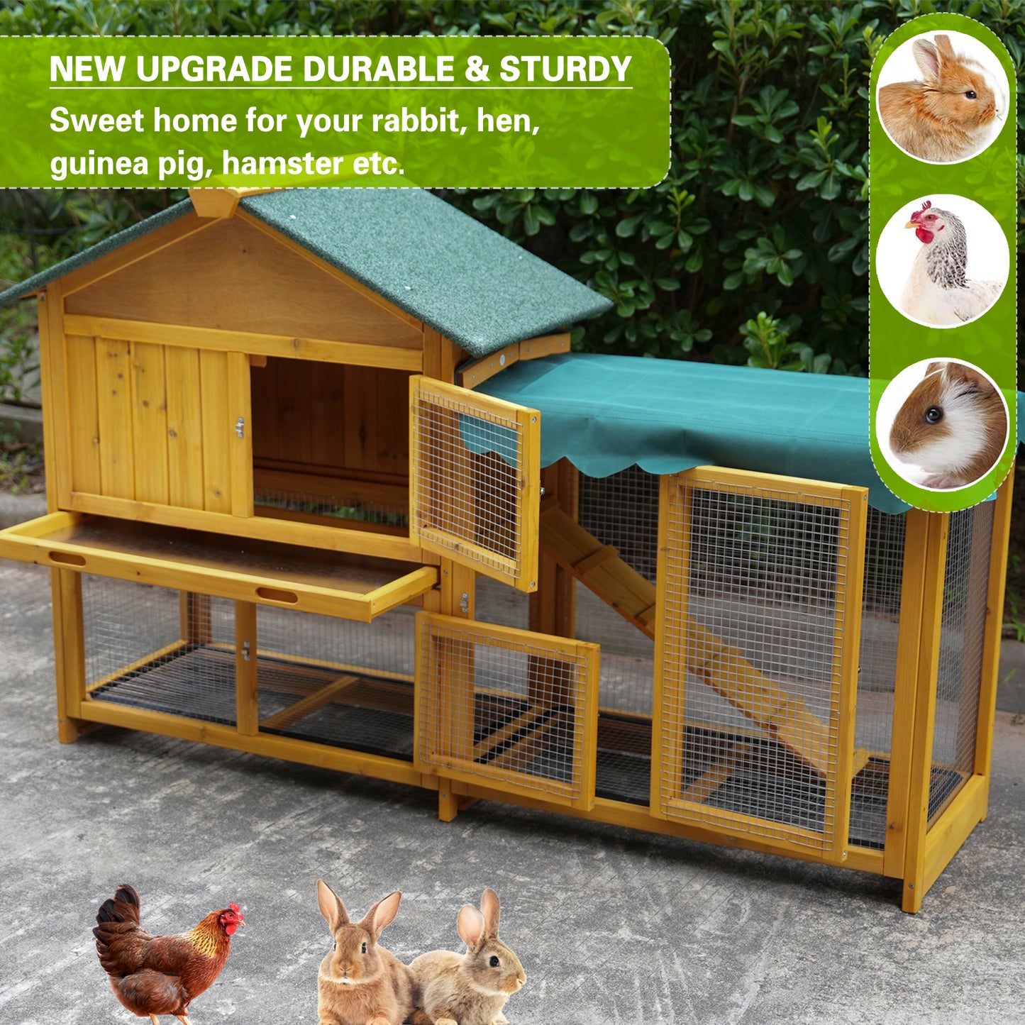Rabbit Hutch, Indoor Bunny Cage, Outdoor Rabbit Cages With Run, Pet House With Deeper No Leak Tray, UV Panel, Removable Bottom Wire Mesh For Small Animals,Removable Waterproof And Sun Protection Cover
