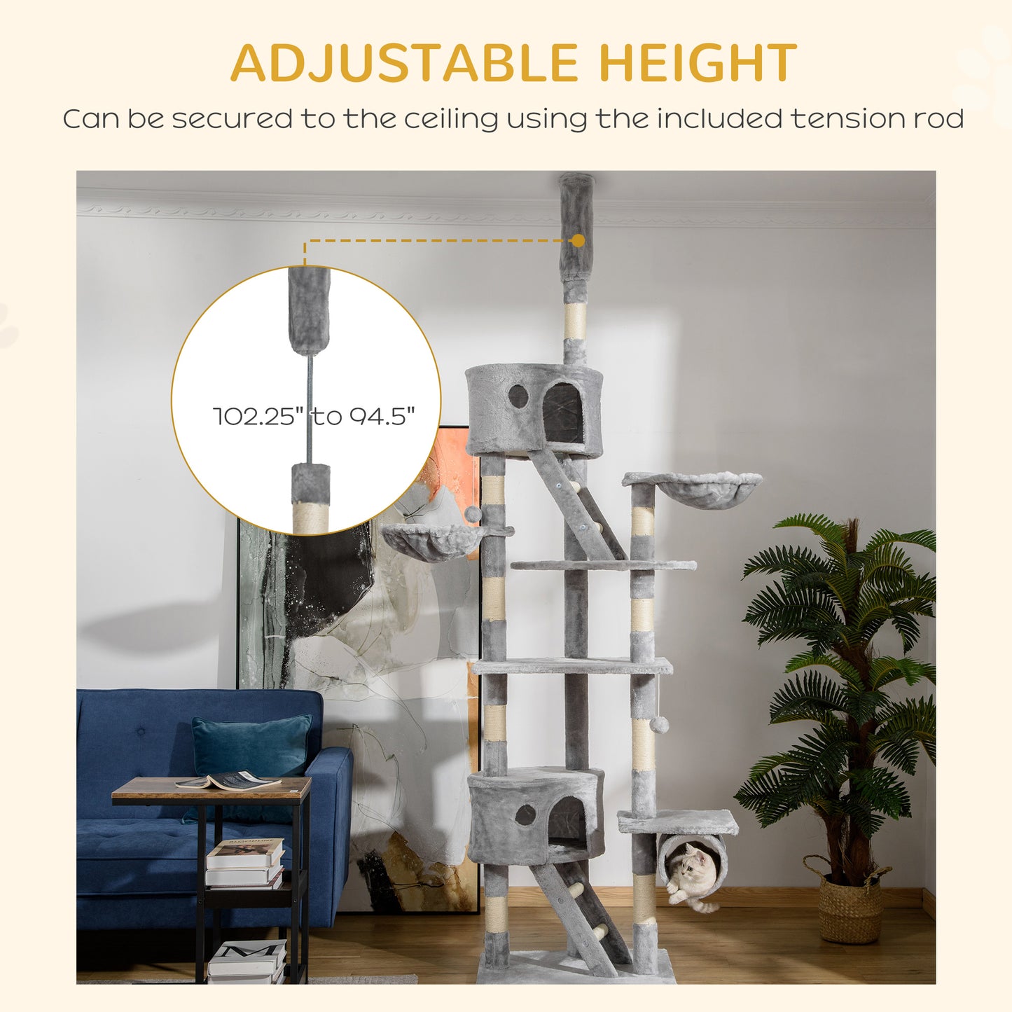 Floor To Ceiling Cat Tree, 94.5-102.5 Inch Height Adjustable Cat Climbing Tower With Scratching Posts, Condos, Hammocks