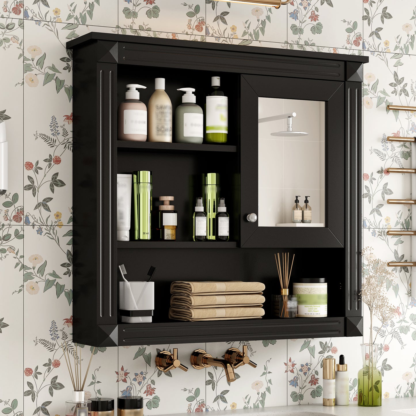 32   Bathroom Wall Cabinet With Mirror, Wall Mounted Medicine Cabinet With 4 Shelves, Mirrored Door Over Toilet Storage Cabinet& Adjustable Shelves