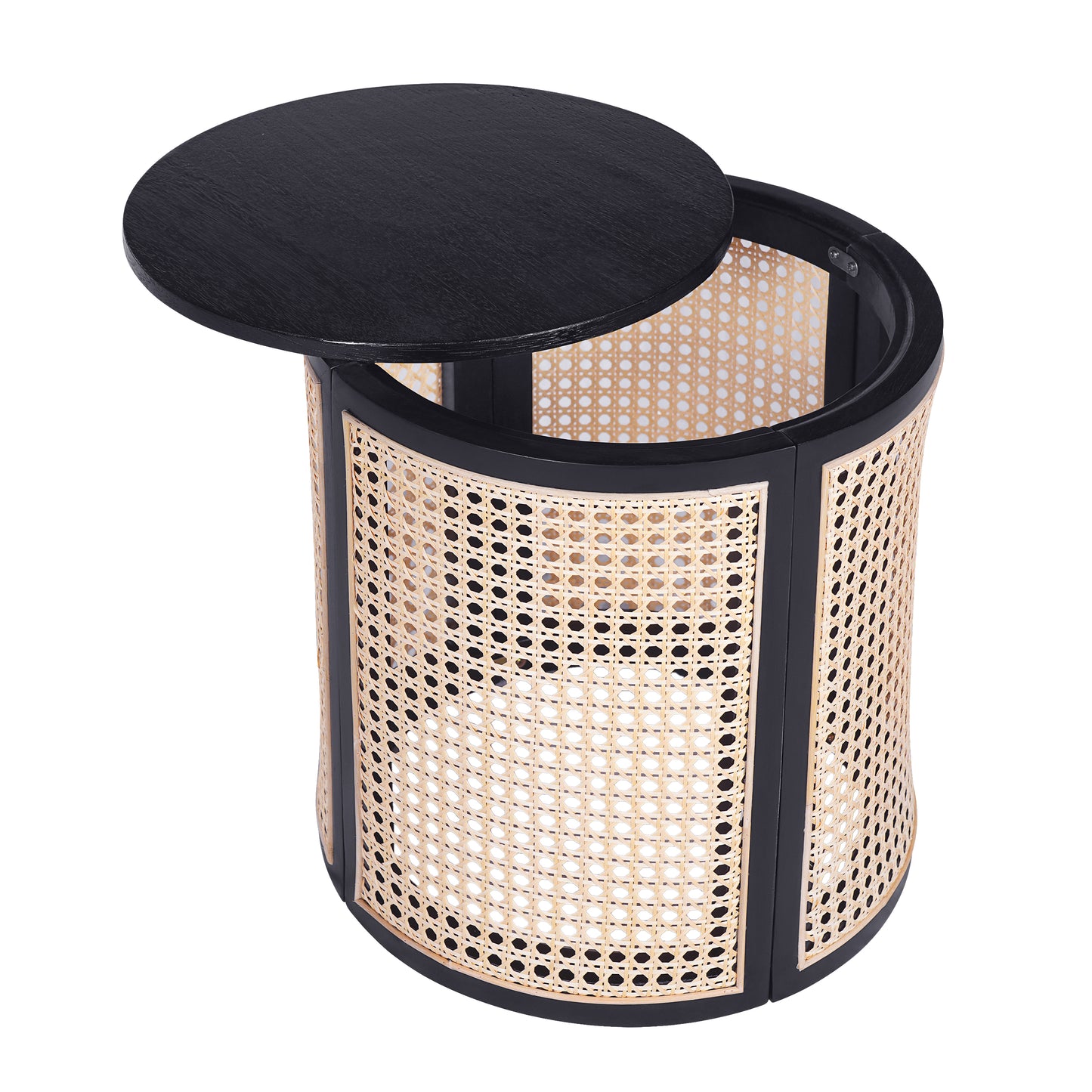 15.70  Round End Table, Hollow Woven Side Table, Small Rubber Wood Nightstand, Rattan Woven Tea Desk, Round Wood Tabletop, Chic Home Decor Desk, Easy Assembly, Black Color