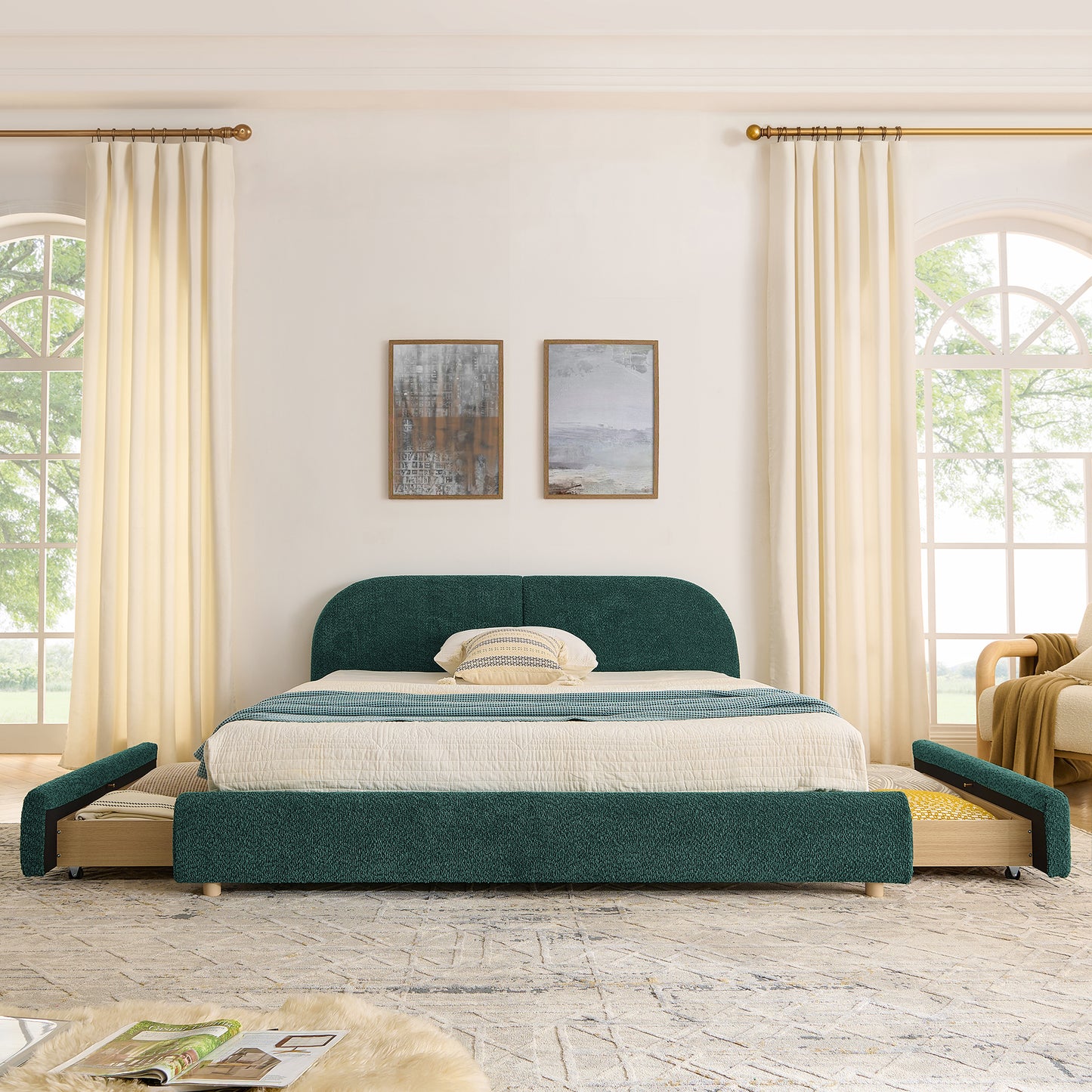 Queen Size Upholstered Bed Frame Modern Minimalist Style - Circle Yarn Fabric, Tall Curved Headboard, Sturdy Leg Support & Wheeled Drawer Storage, Mattress Not Included -Green
