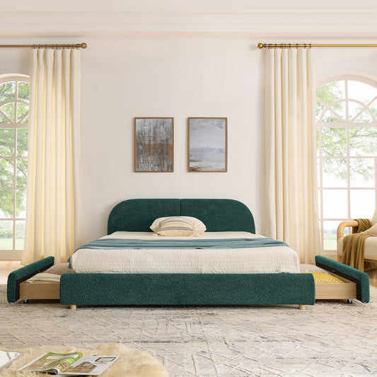 Queen Size Upholstered Bed Frame Modern Minimalist Style - Circle Yarn Fabric, Tall Curved Headboard, Sturdy Leg Support & Wheeled Drawer Storage, Mattress Not Included -Green