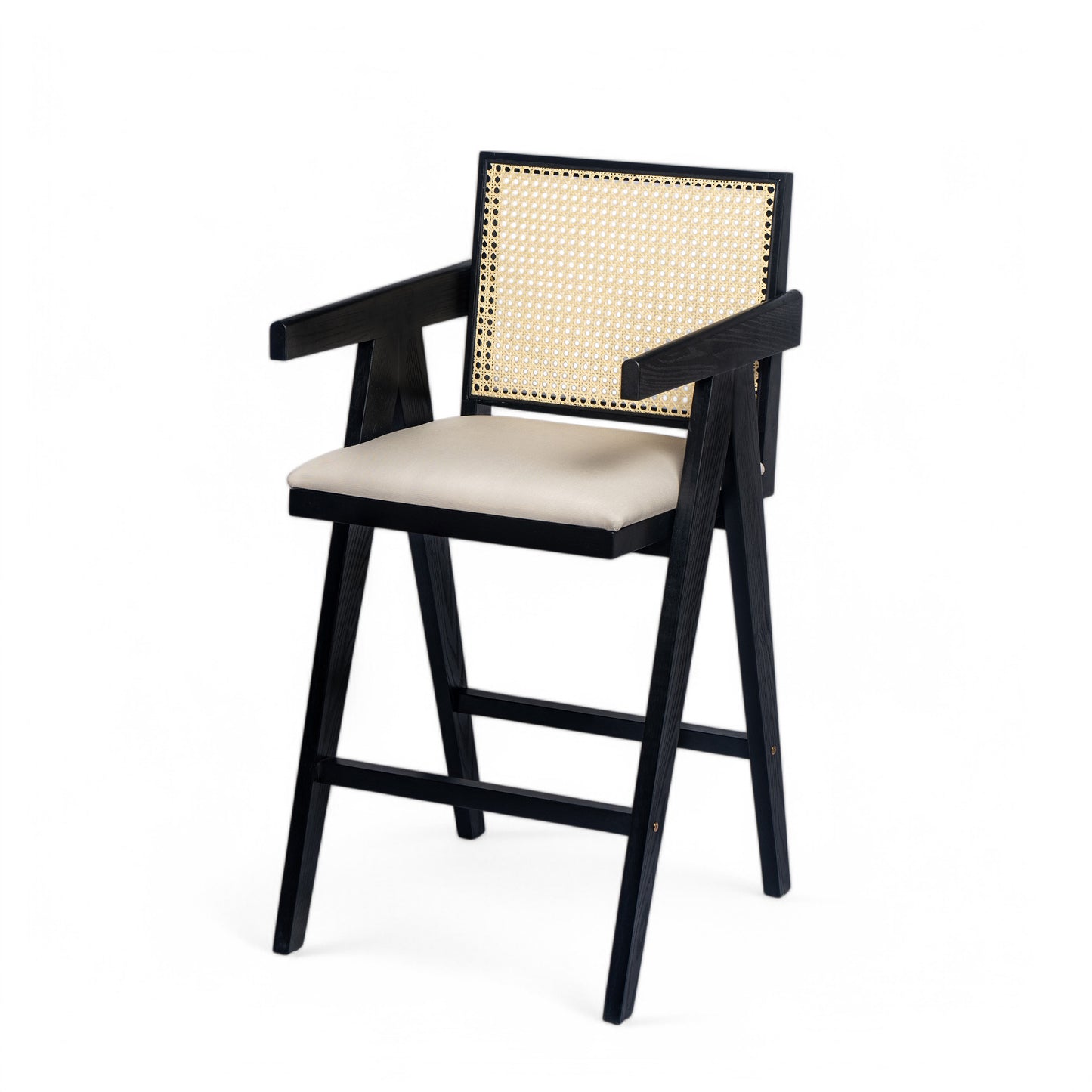 27 Height, Cream Grey Woven Cane Plastic Backrest Bar Stool - Foam-Padded Fabric Seat & Durable Rubberwood Frame