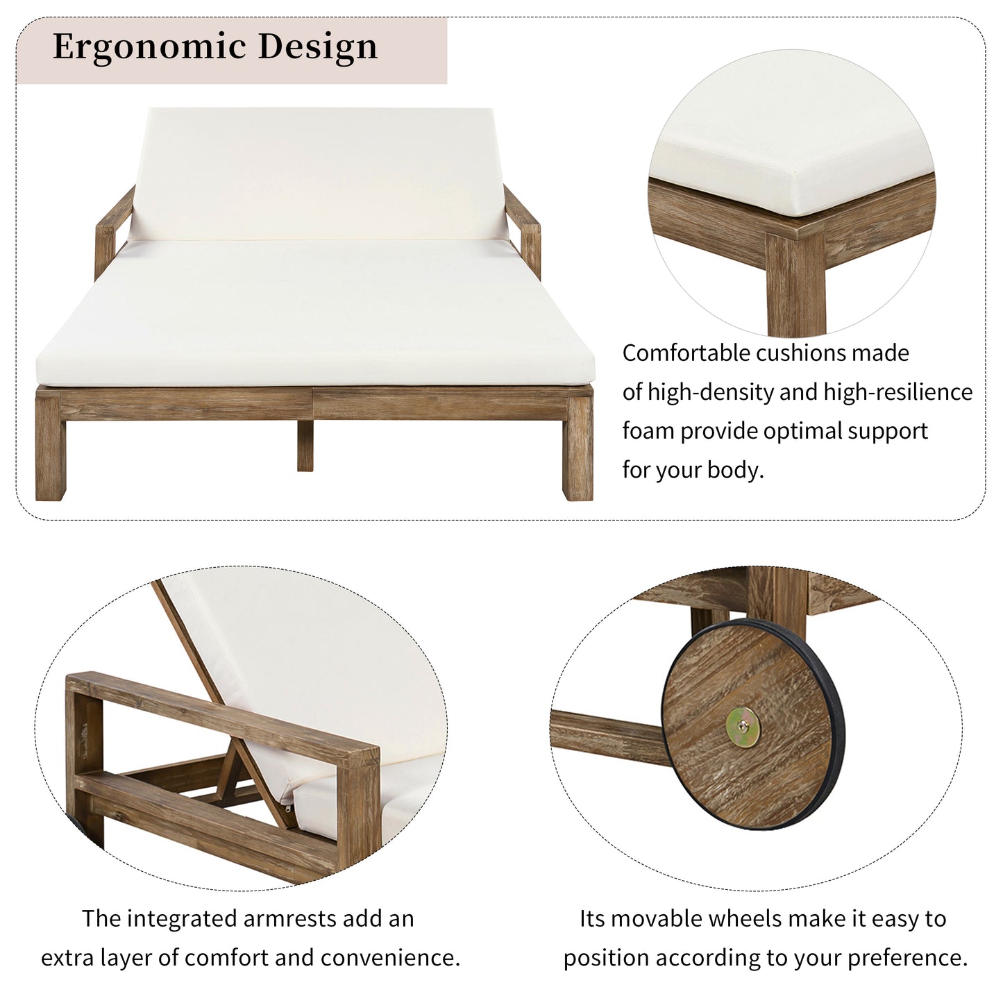 TREXM 1-Piece Farmhouse-styled Wooden Outdoor Sunbed For Ultimate Relaxation Outdoor Daybed Seating 2 People For Poolside  Garden And Backyard  Beige