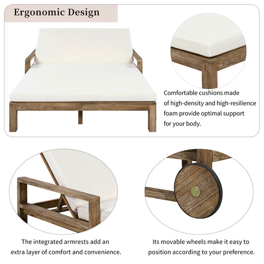 TREXM 1-Piece Farmhouse-styled Wooden Outdoor Sunbed For Ultimate Relaxation Outdoor Daybed Seating 2 People For Poolside  Garden And Backyard  Beige