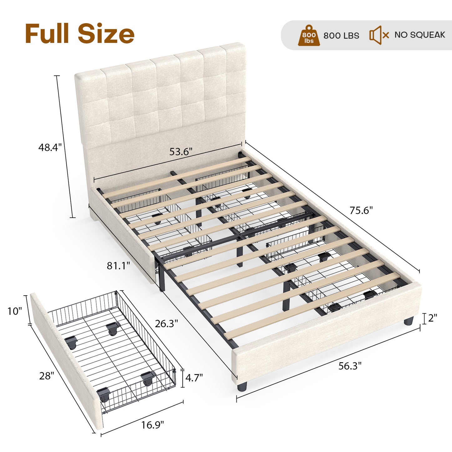 Bed Frame Upholstered Vertical Channel Headboard With 4 Storage Drawers Wood Slat Elegant Modern Bed Frame No Box Spring Needed Easy Assembly For Bedroom
