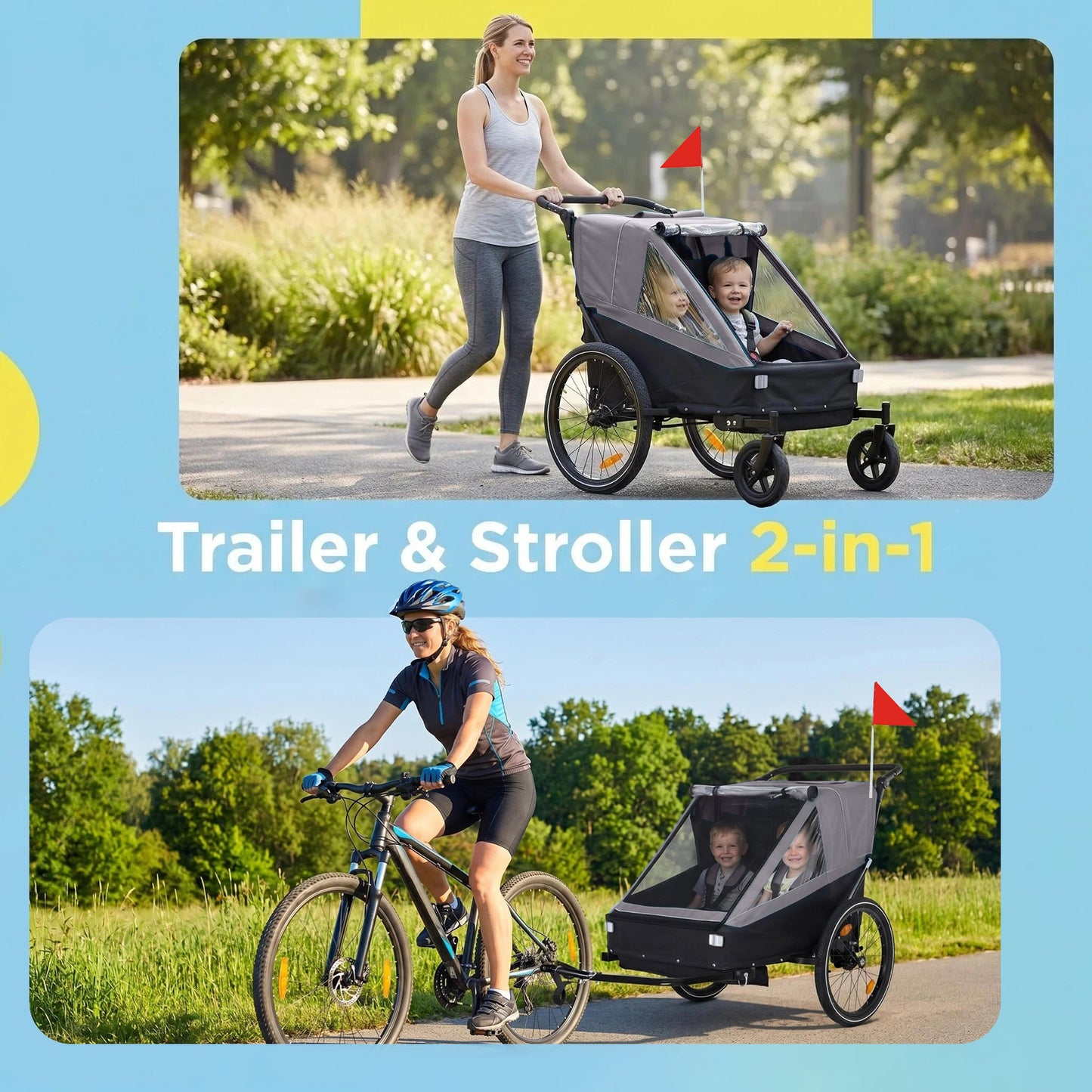 2 In 1 Kids Bike Trailer And Stroller For 1 To 2 Children, Jogging Function, Foldable Compact Storage With Universal Bike Hitch, 5-Point Harness And Storage Bags, Gray
