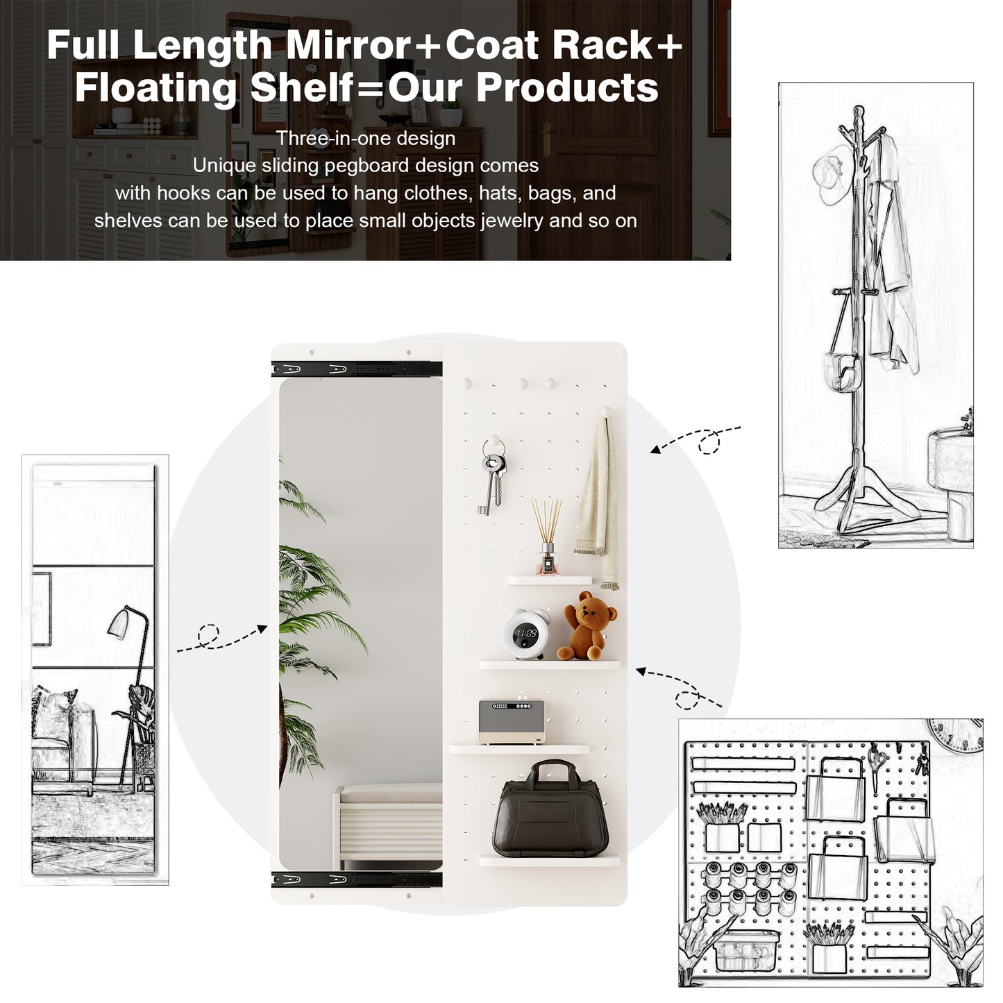 47.6 X 15.7 Inch Multi-functional Design Panel Wall-mounted Full-length Mirror, Space-saving, Can Be Pushed And Pulled. Suitable For Bedroom Living Room Entrance   White
