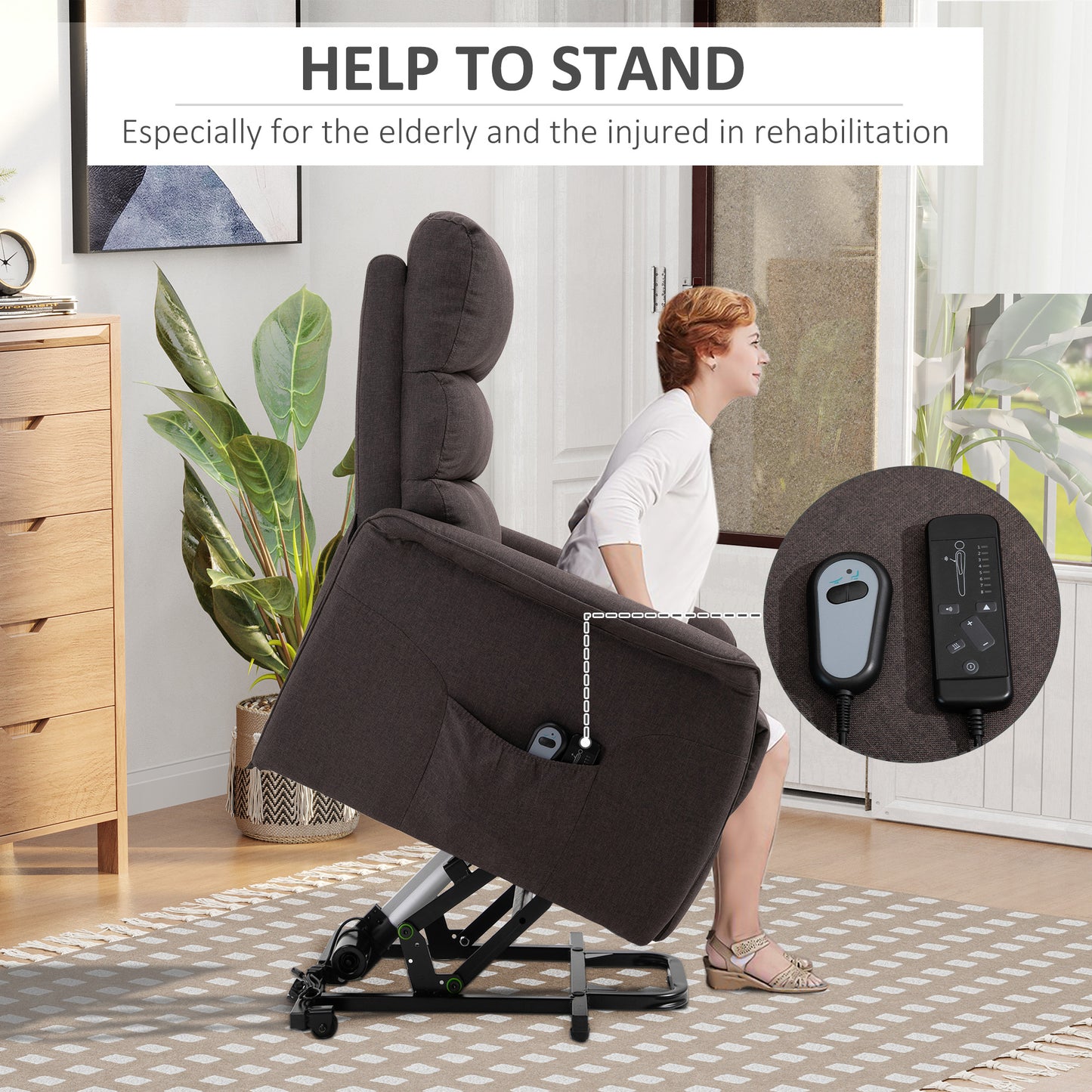 Power Lift Assist Recliner Chair For Elderly With Remote Control, Linen Fabric Upholstery, Brown