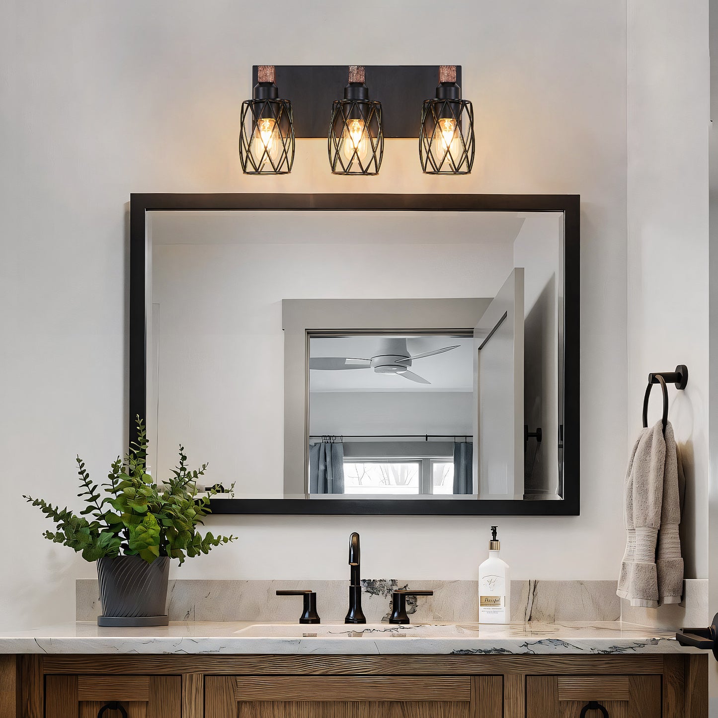 18  Industrial Vintage 3-Light Wall Sconce - Black Cage Wall Lighting Fixture With Wooden Accents For Bathroom, Hallway, Or Living Room Bulb Not Included