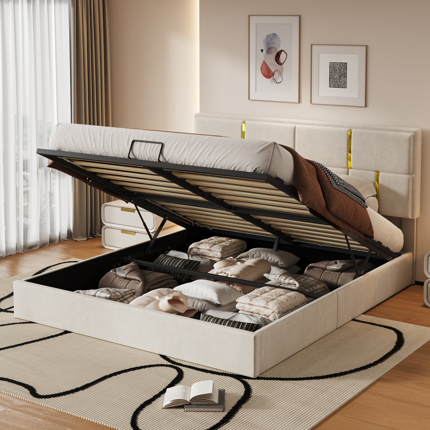 Queen Size Upholstered Platform Bed With Hydraulic Storage System,No Box Spring Needed,Beige