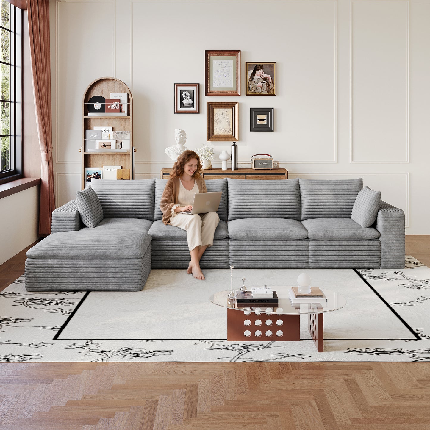 134  Cloud Sofa,Corduroy Fabric,Deep Seat Couches,Double-layer Design,Removable  Cushion,No Assembly, DIY Combination For Living Room, Bedroom,Conference Room ,Apartment,Grey