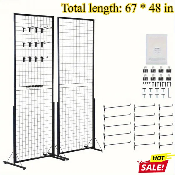 67x24 In Grid Wall Panels Tower, 2 Packs Wire Gridwall Display Racks With T-Base Floorstanding, Double Side Gridwall Panels For Art Craft Shows, Retail Display With Extra Clips And Hooks