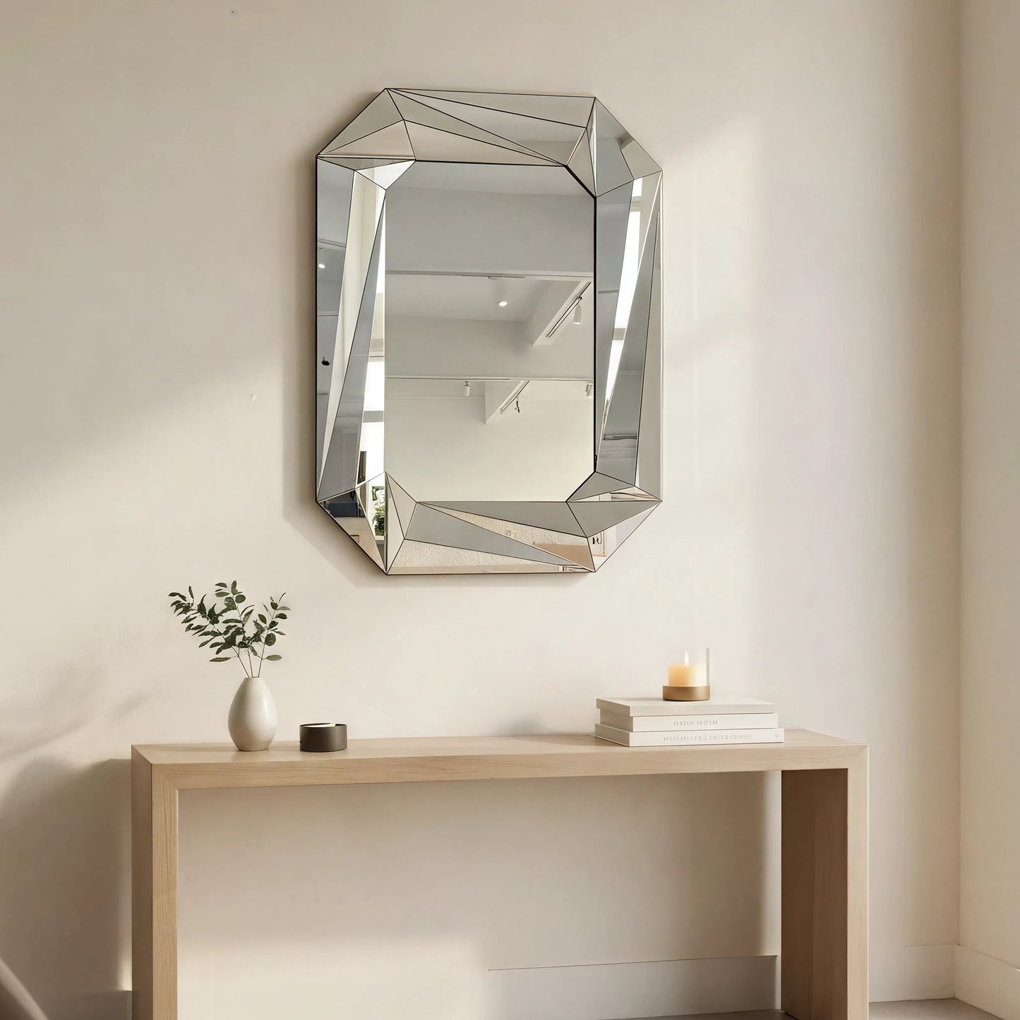 Diamond Shaped Large Wall Mirror For Decor Elegant Living Room, Modern Beveled Edge Frameless Accent Mirror For Entryway, Dining Room, Bathroom