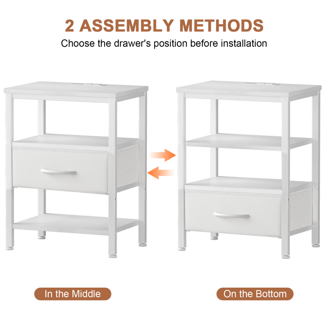 Bedside Table, With Built-in USB-C-type Port Sockets And Adjustable Drawers, 3-layer Storage Rack, And Fabric Drawers
