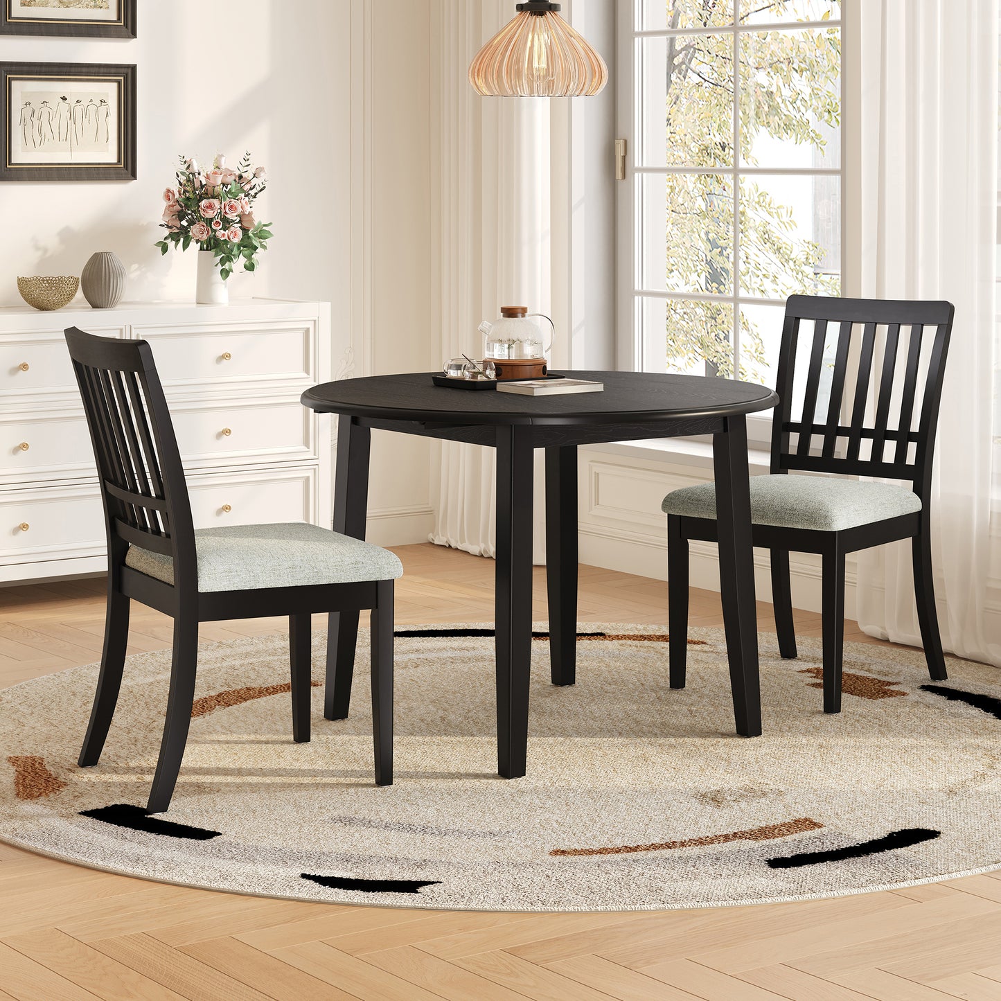3-Piece Round Dining Table Set For 2 People, 1 Folding Wood Dining Table   2 Upholstered Chairs, Space-Saving Design For Small Apartments And Dining Areas - BLACK