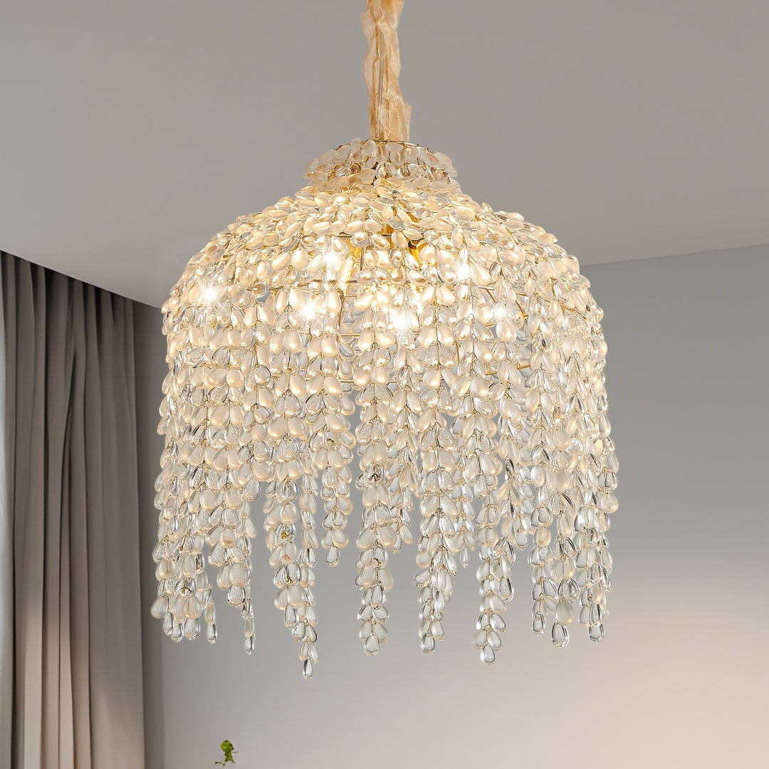 16 Inch 5-Light Crystal Pendant Light Chandelier- Elegant Waterfall Design With Grape-Shaped Crystal Bead Strings And Gold Finish For Living Room, Bedroom, Or Dining Area  Bulb Not Included
