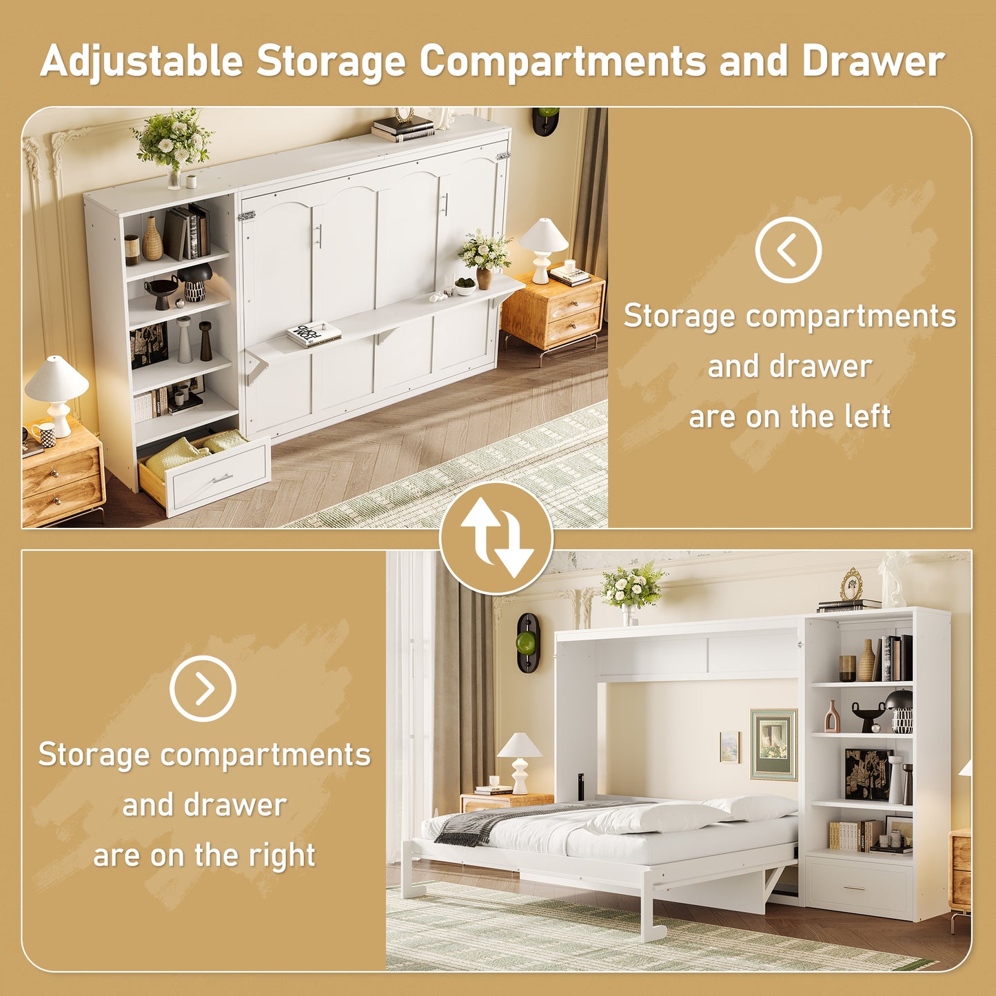 Queen Size Murphy Bed With Height Adjustable Storage Compartments And Shelf, Wall Bed Frame With 1 Drawer, Multifunctional Foldable Platform Bed For Bedroom,Guest Room, White OLD SKU N733S309223K