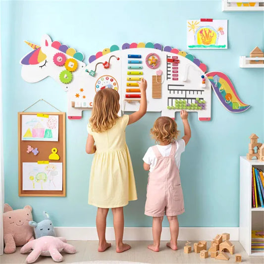 11-in-1 Dinosaur Activity Wall Busy Board Panels-- Wooden Sensory Toy-White
