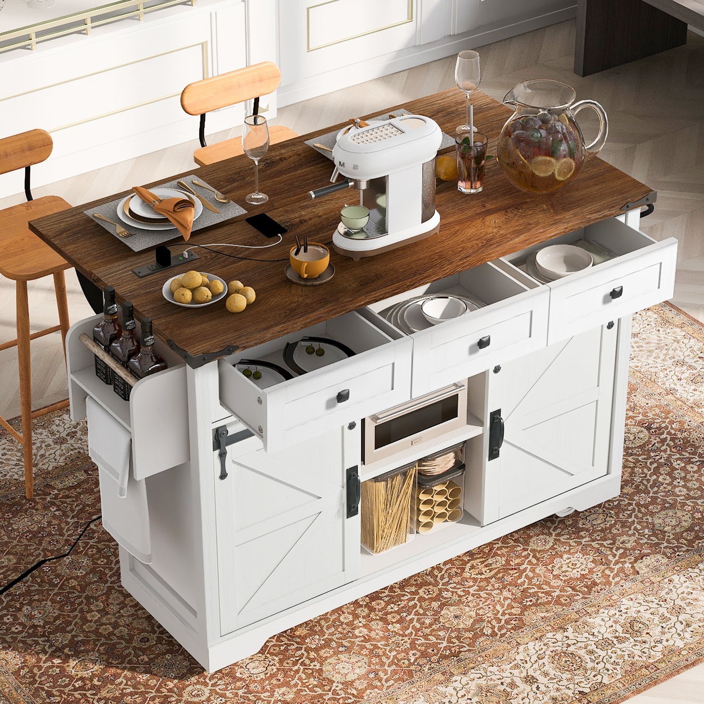 K&K 53.7  Farmhouse Kitchen Island With Power Outlet, 2 Sliding Barn Door Kitchen Storage Island With Drop Leaf, Spice Rack Rolling Kitchen Cart On Wheels, For Home, Kitchen And Dining Room, White