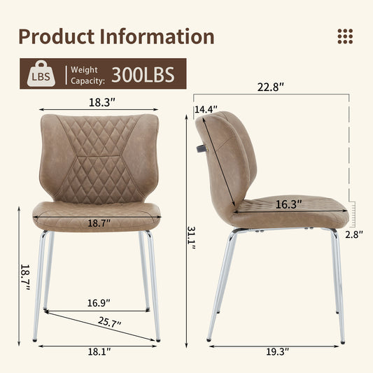 Dining Chairs Set Of 4, Khaki Oil Waxed Leather Dining Chairs With Electroplated Metal Legs, Adjustable Non-Slip Foot Pads, Diamond-Tufted High Back Upholstered Dining Room Chairs  Khaki, Set Of 4