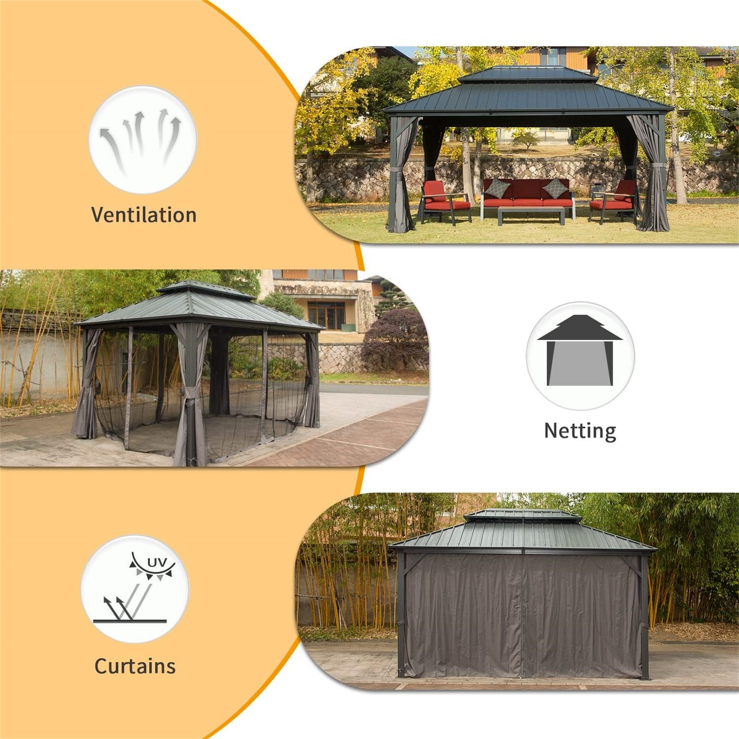 10  X 14  Hardtop Gazebo, Aluminum Metal Gazebo With Galvanized Steel Double Roof Canopy, Curtain And Netting, Permanent Gazebo Pavilion For Patio, Backyard, Deck, Lawn