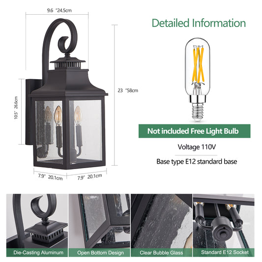 23  H 1-Pack Outdoor Wall Lantern Light  Vintage Black Metal Sconce With Clear Seeded Glass For Porch, Patio, And Garden Bulb Not Included