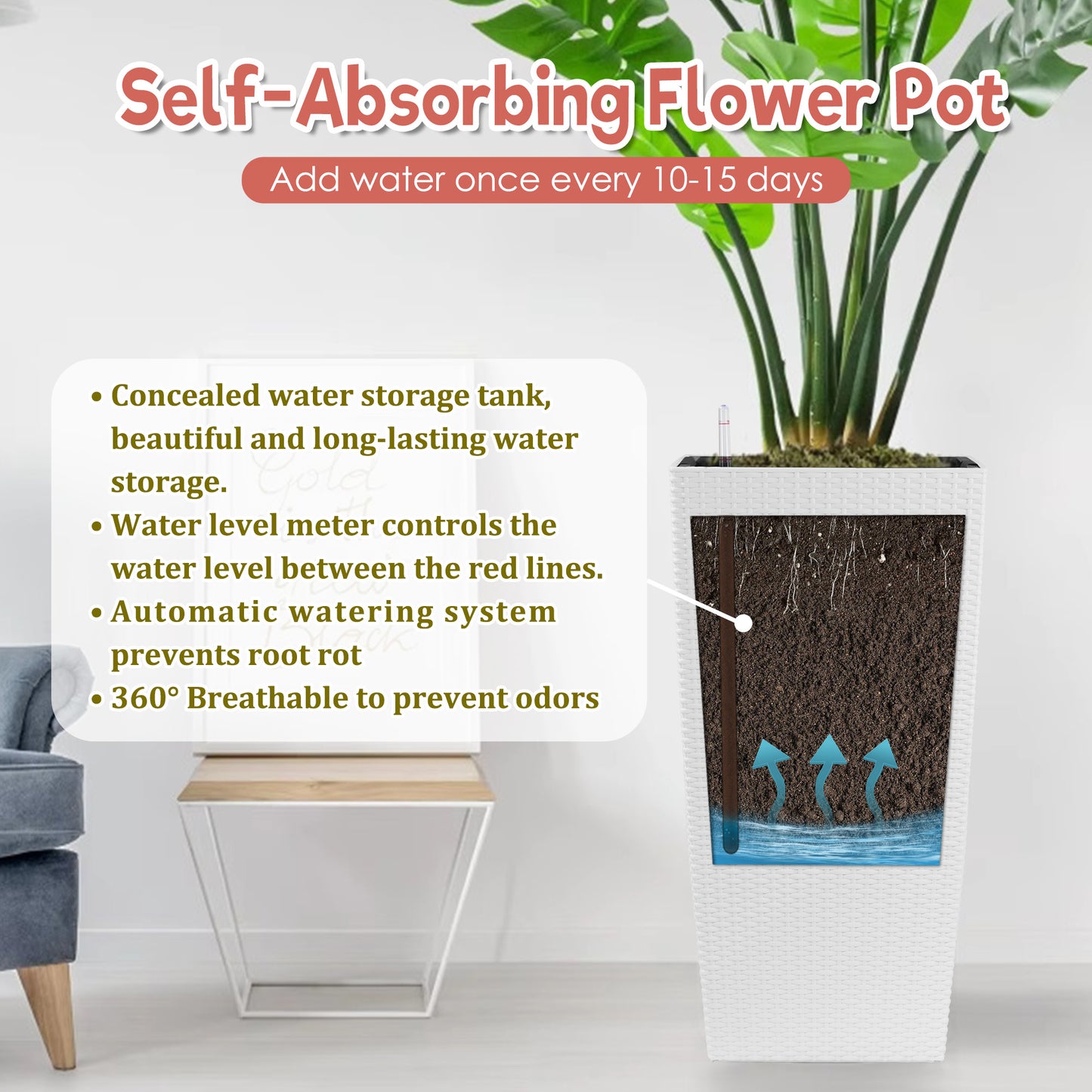 30 In Tall Large Flower Pots Planter With Self-Watering Drainage Holes&Inner Trays Indoor Outdoor Plant Pot With Drain Holes, Water Level Monitor, Inner Bucket For Garden, Patio, Porch, Backyard,White