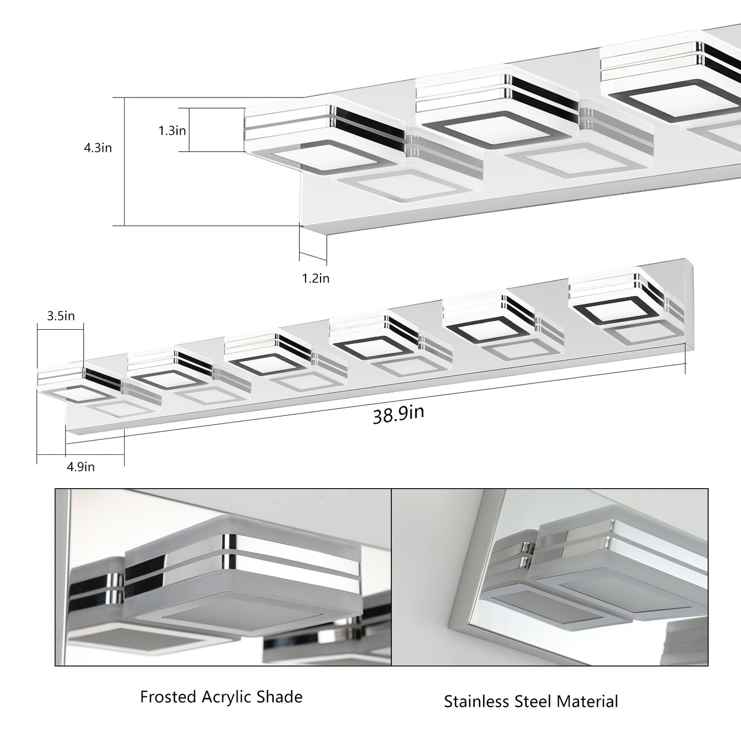 39in  Modern Chrome 6-Light LED Vanity Light, Square Acrylic Lampshades Wall Mount Fixture For Bathroom, Mirror Lighting