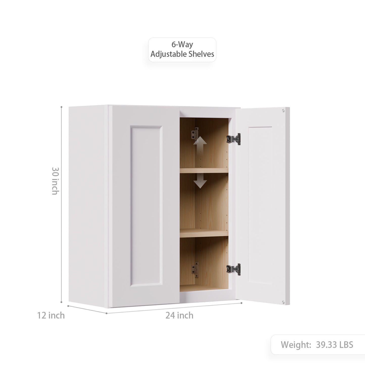 White Shaker Solid Wood Wall Cabinet With Soft-Close Doors, Adjustable Shelves - 24  Double Door Storage For Kitchen, Bathroom, Laundry, Garage  Easy Assembly, 24 W X 12 D X 30 H