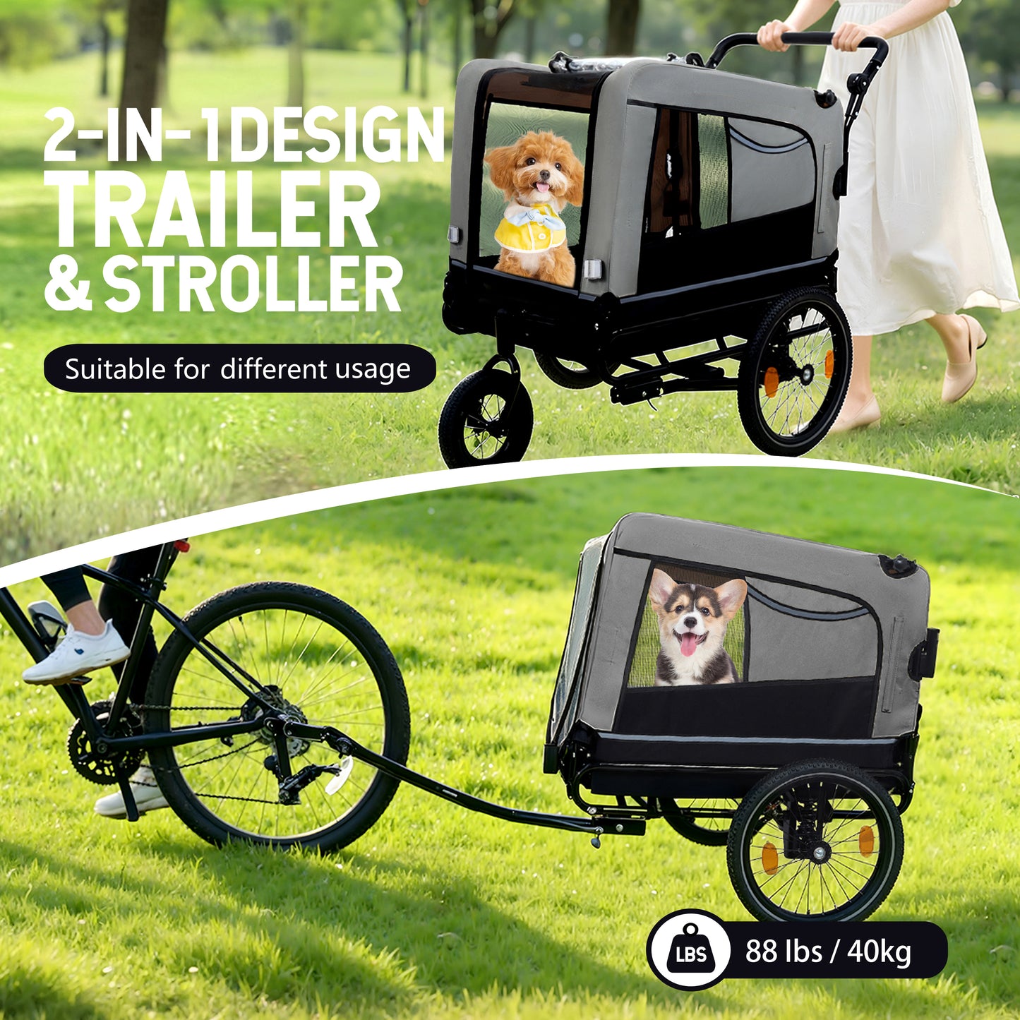 Extra Large 2-in-1 Bike Trailer & Push Cart For Pets - Detachable Bike Hitch & Push Handle Included - All-Terrain Wheels Quick Release, Non-Slip Floor, Internal Leash,  Up To 88 Lbs, Black- Grey