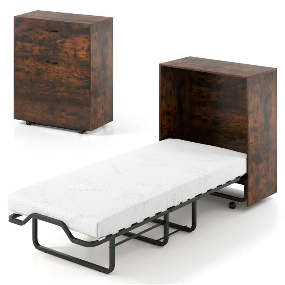 Rustic Brown Mobile Murphy Bed Cabinet 86.5' X 34' X 41.5' With Lockable Wheels, Space Saving Foldable Guest Bed With 4 Inch Foam Mattress