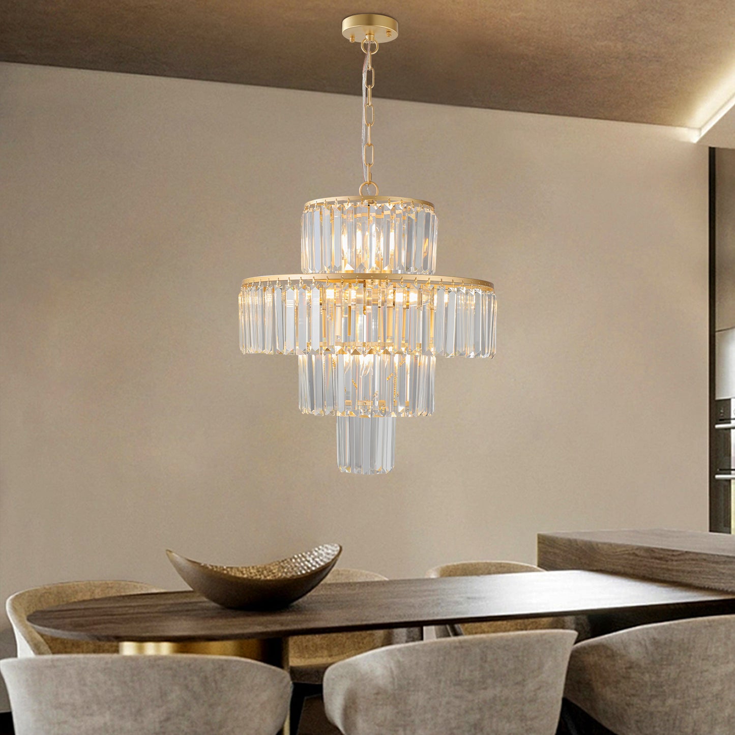 20  Modern Crystal Chandelier With Gold Finish, 4-Tier Design For Dining Room Or Living Room, Elegant Crystal Pendant Light Fixture Bulb Not Included