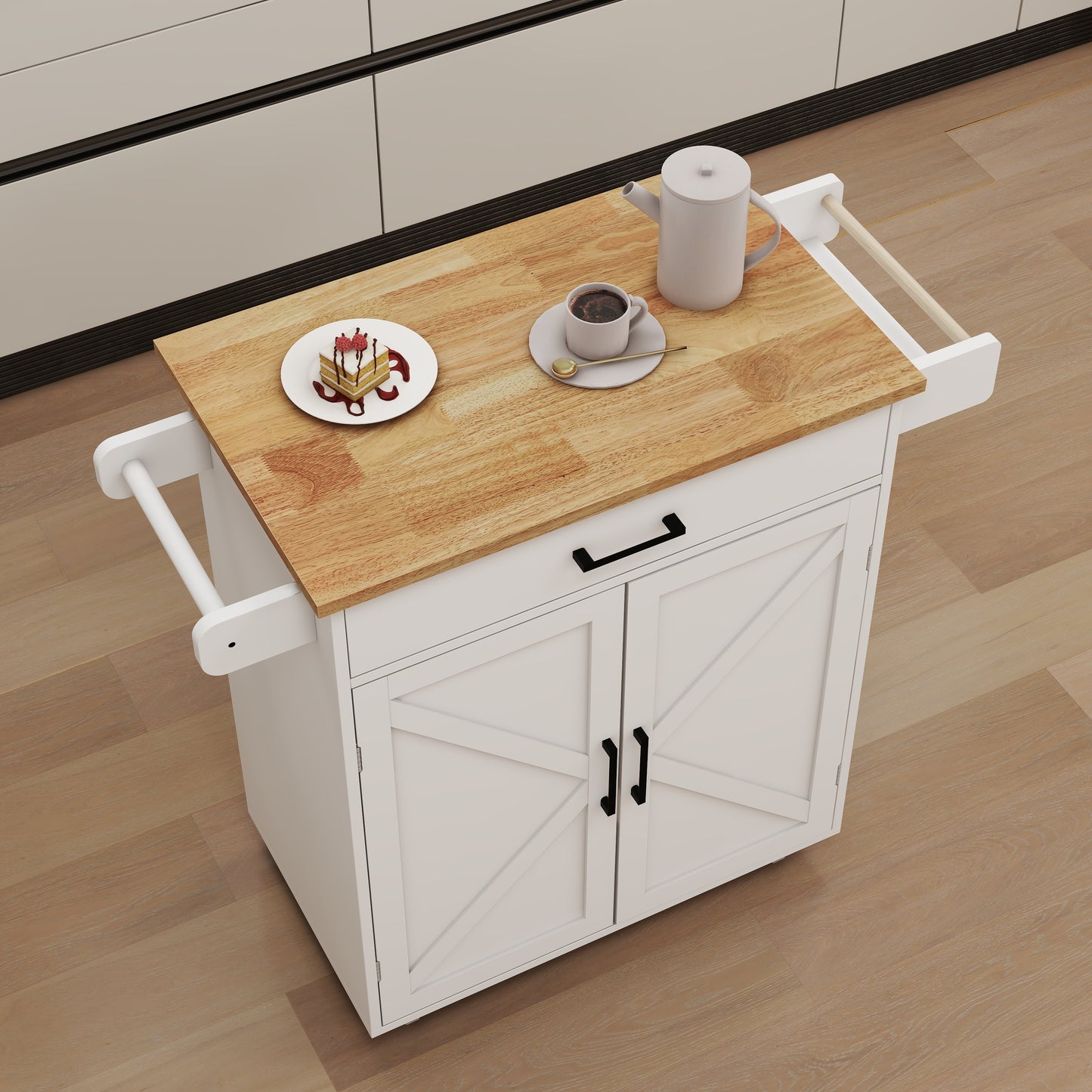 Kitchen Island Rolling Trolley Cart With Adjustable Shelves & Towel Rack & Seasoning Rack Rubber Wood Table Top-White