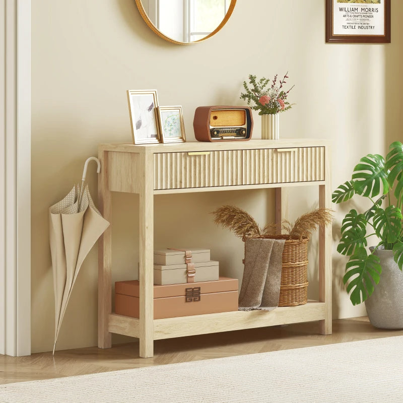 Console Table With Storage, Narrow Entryway Table With Fluted Panel Drawers And Shelf For Hallway, Natural