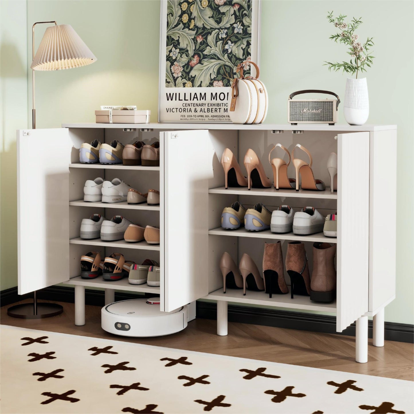 ON-TREND Minimalist Shoe Cabinet With 5 Solid Wood Legs, Cream Style Sideboard Buffet Cabinet With Fluted Doors, Large 4-Door Storage Cabinet With Adjustable Shelves For Living Room, White, 55.1x13.7