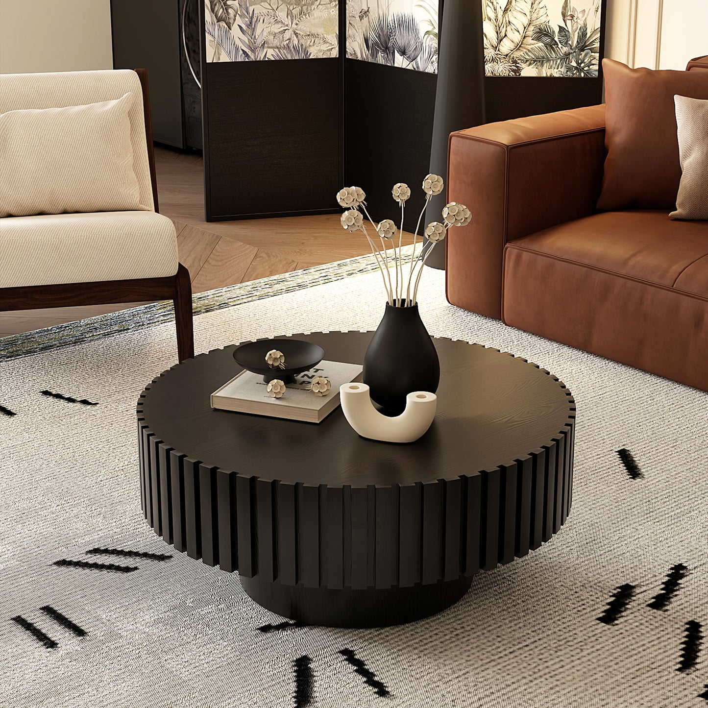 Round Coffee Table Handcrafted Relief Sturdy Pedestal Wooden Olive-Shaped Tea Table For Living Room