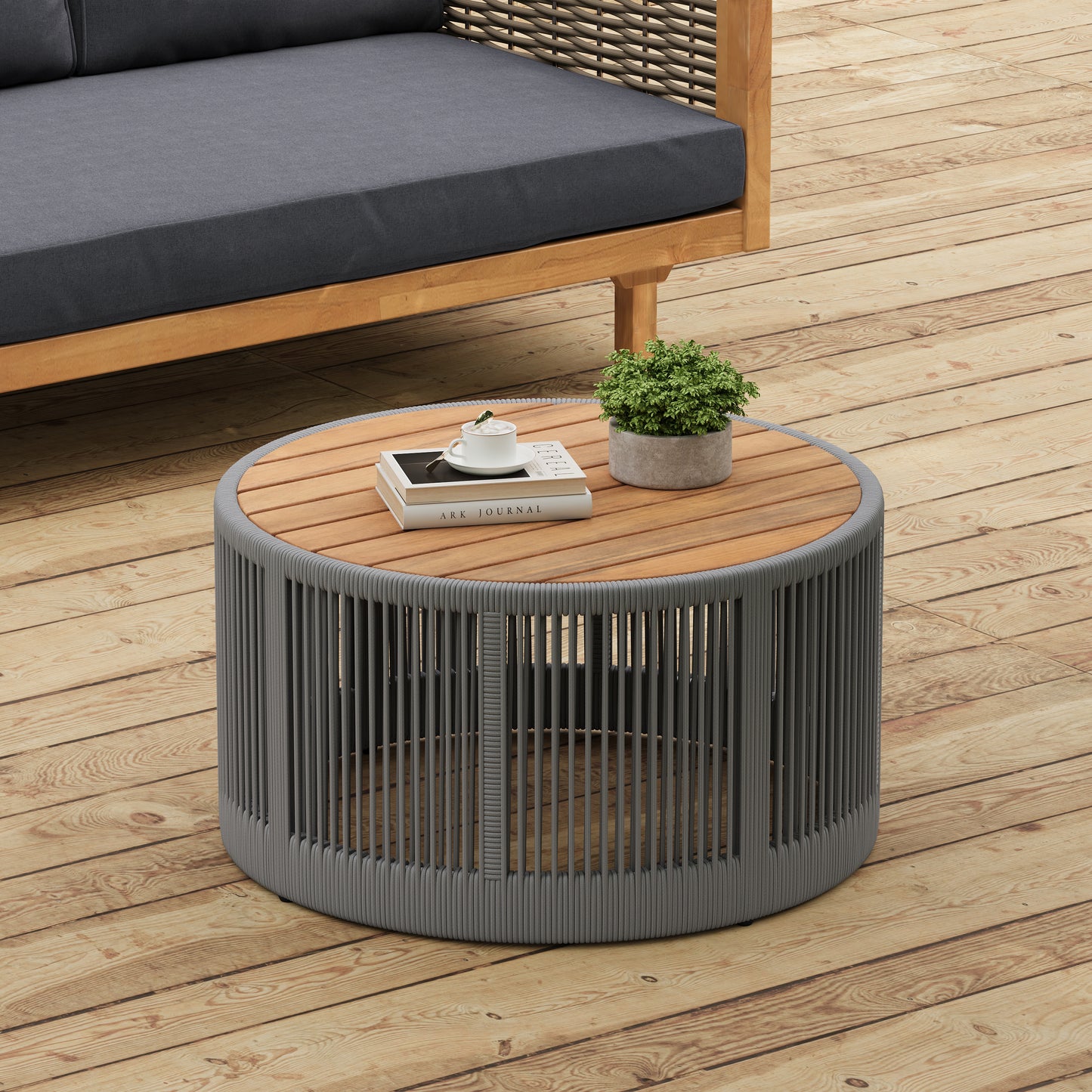 Outdoor Rattan Rope & Acacia Wood Coffee Table - Patio Balcony Furniture For Garden, Yard, Balcony - Weather Resistant  Rope Grey, Natural Iron
