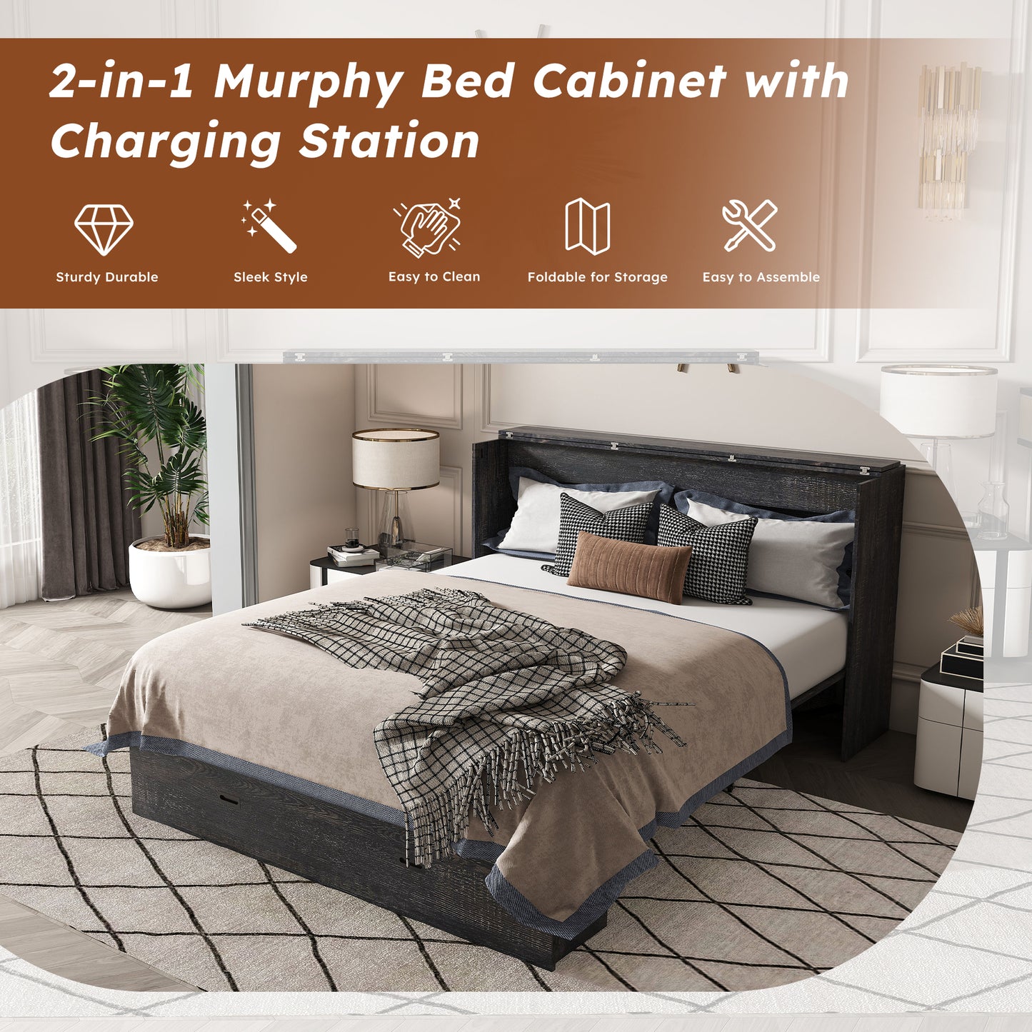 57 Inches Murphy Bed, With Storage Drawers And Charging Cabinet, With Foldable Panels, With Swivel Wheels, Noise-free, Suitable For Guest Rooms, Living Rooms And Offices, Carbon Black OldskuW509S00157