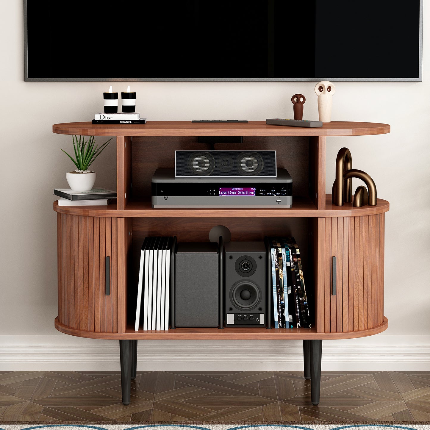 Large Round Record Player Stand With Charging Station & USB Ports, Record Storage Cabinet, Mid Century Modern Turntable Stand For Bedroom Living Room WALNUT